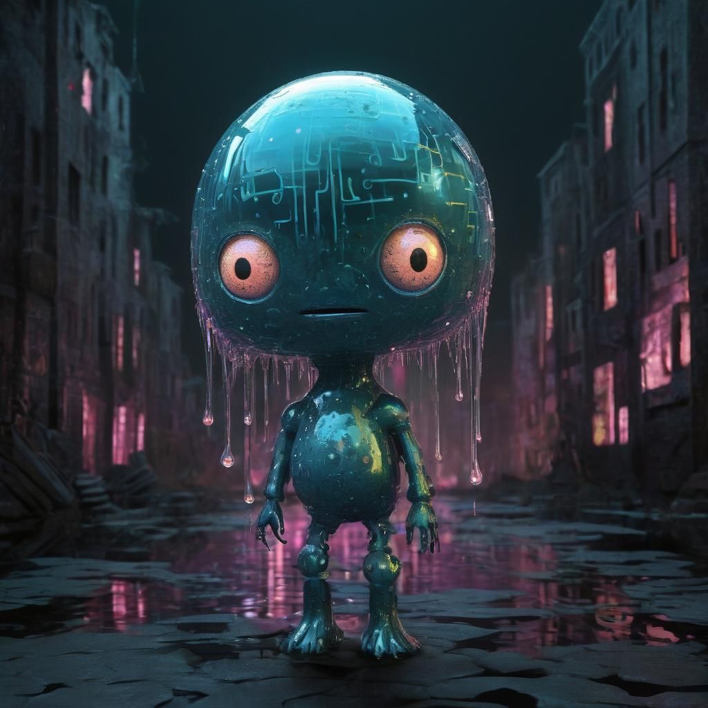 Bioluminescent Creature in Dark City, Surrealist Style