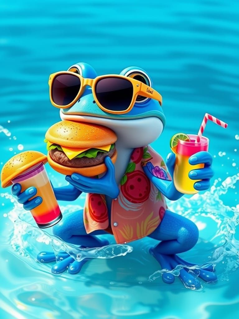 Frog in Sunglasses with Burgers: Vibrant 3D Cartoon