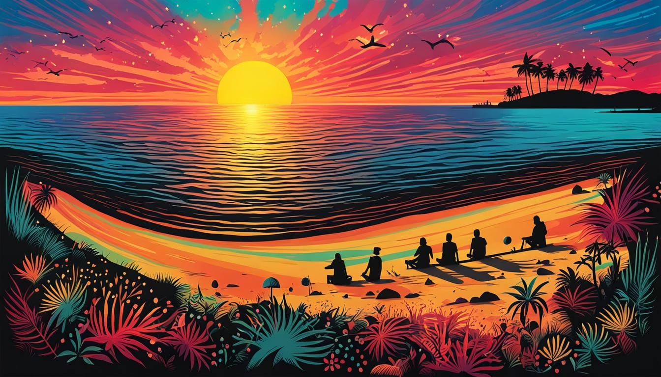 Stick Figures Watch Sunset on Deserted Island Poster