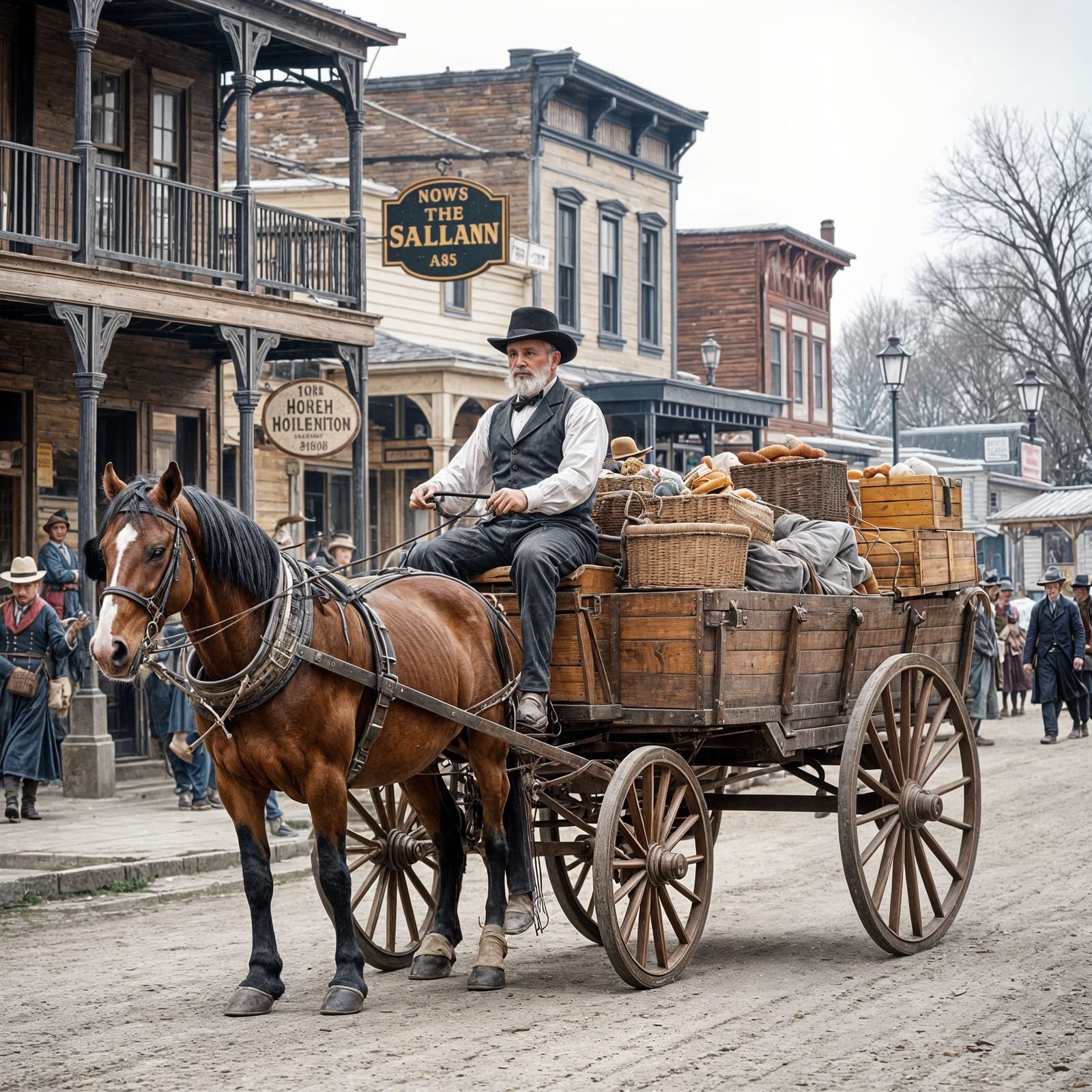 Traveling Salesman with Horse-Drawn Wagon in 1800s Town