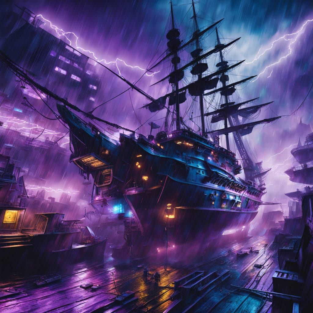 Cyberpunk Pirate Ships Battle in Neon Noir Storm