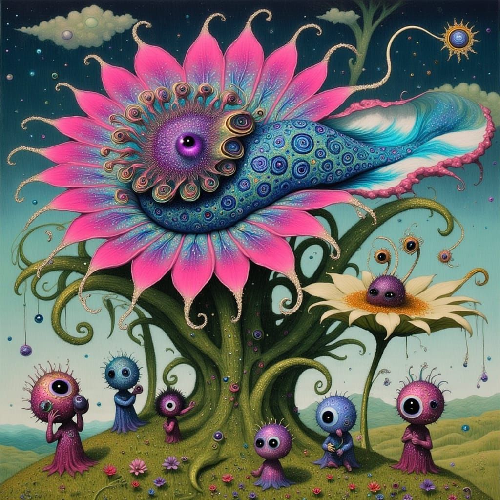 Dreamlike Munchkin Gathering in Vibrant Alien Landscape