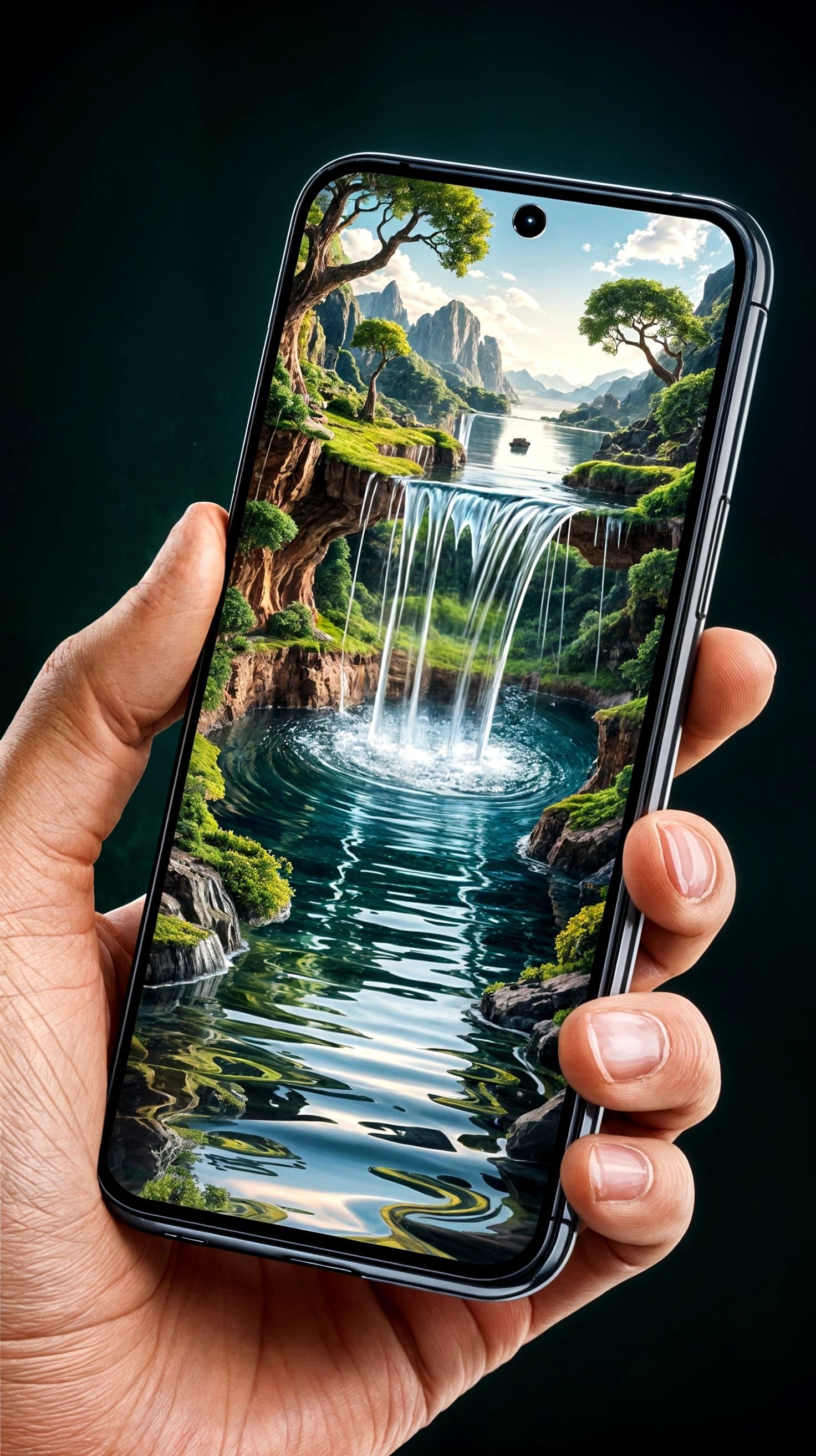Mobile Phone Displaying Miniature Waterfall Diorama