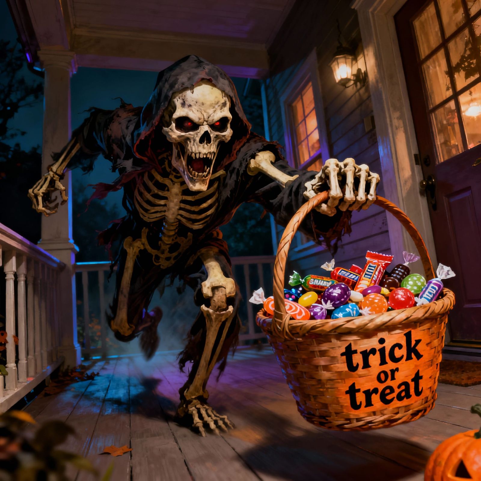 Terrifying Skeleton in Halloween Costume Charging with Candy
