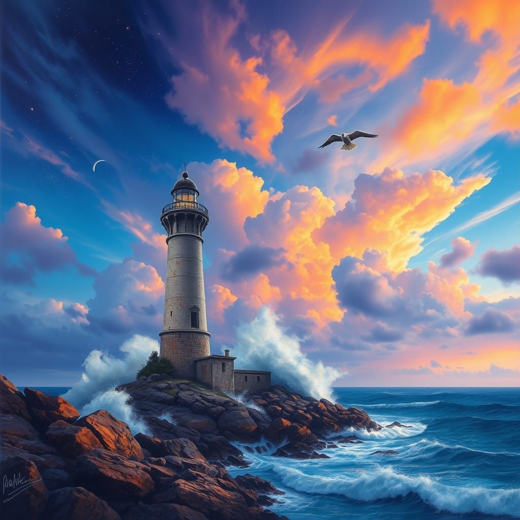 Dramatic Lighthouse on Rocky Isle, Watercolor Painting