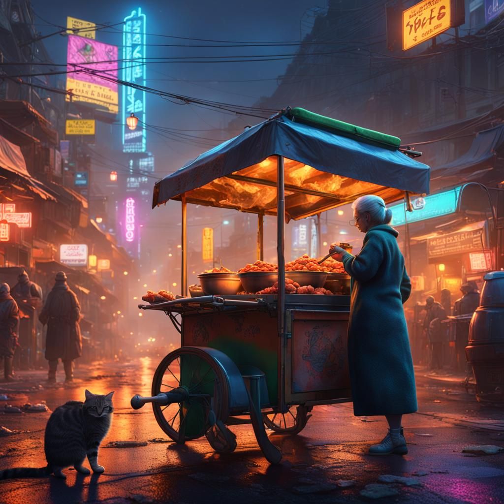 Cat Grandmother Cooking Stew in Cyberpunk Setting