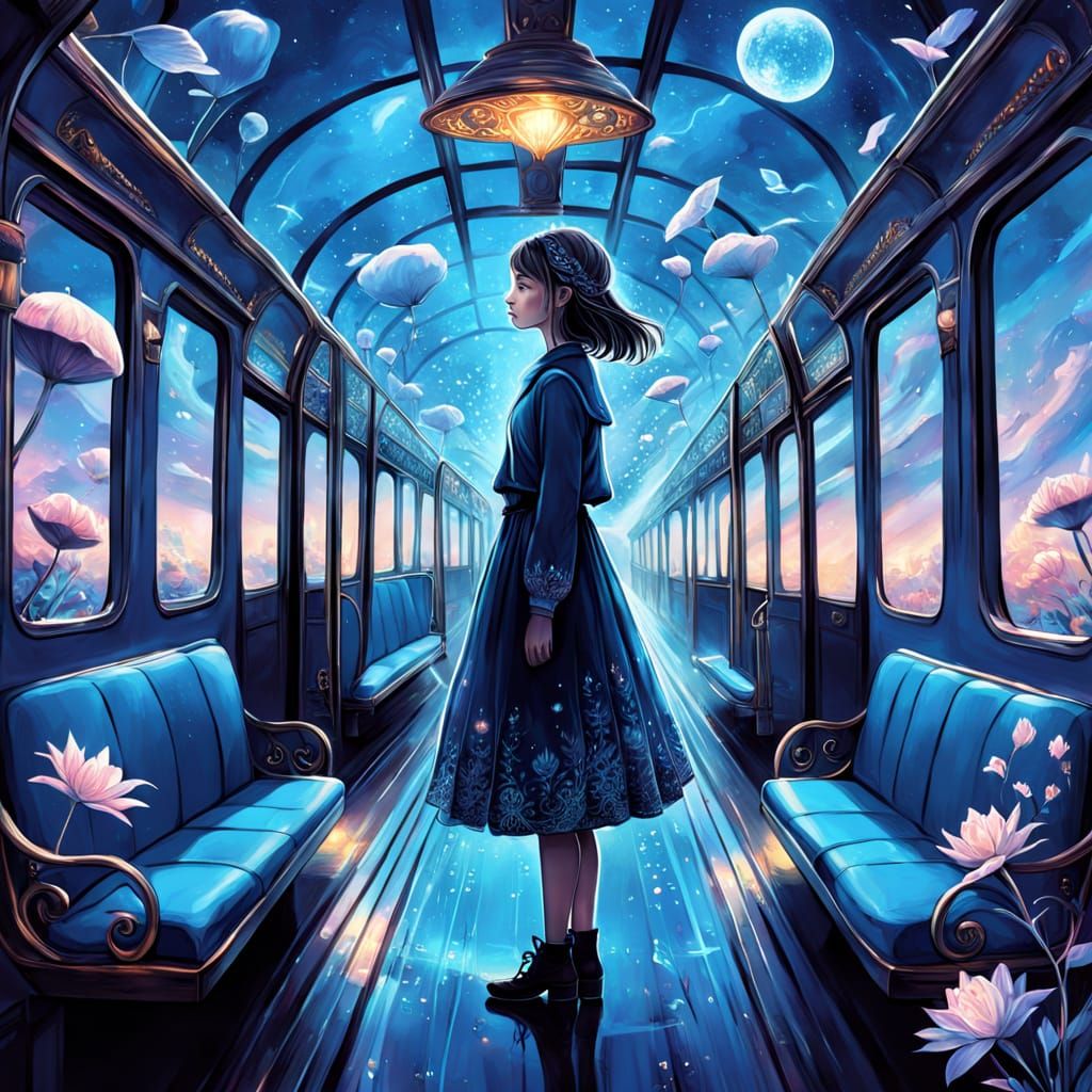 Girl Boards Invisible Dream Train in Surreal Landscape