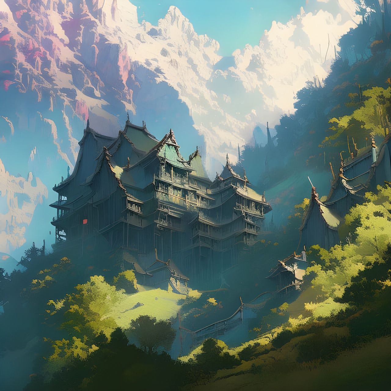 Ruined Mountain Manor: Vibrant Digital Masterpiece