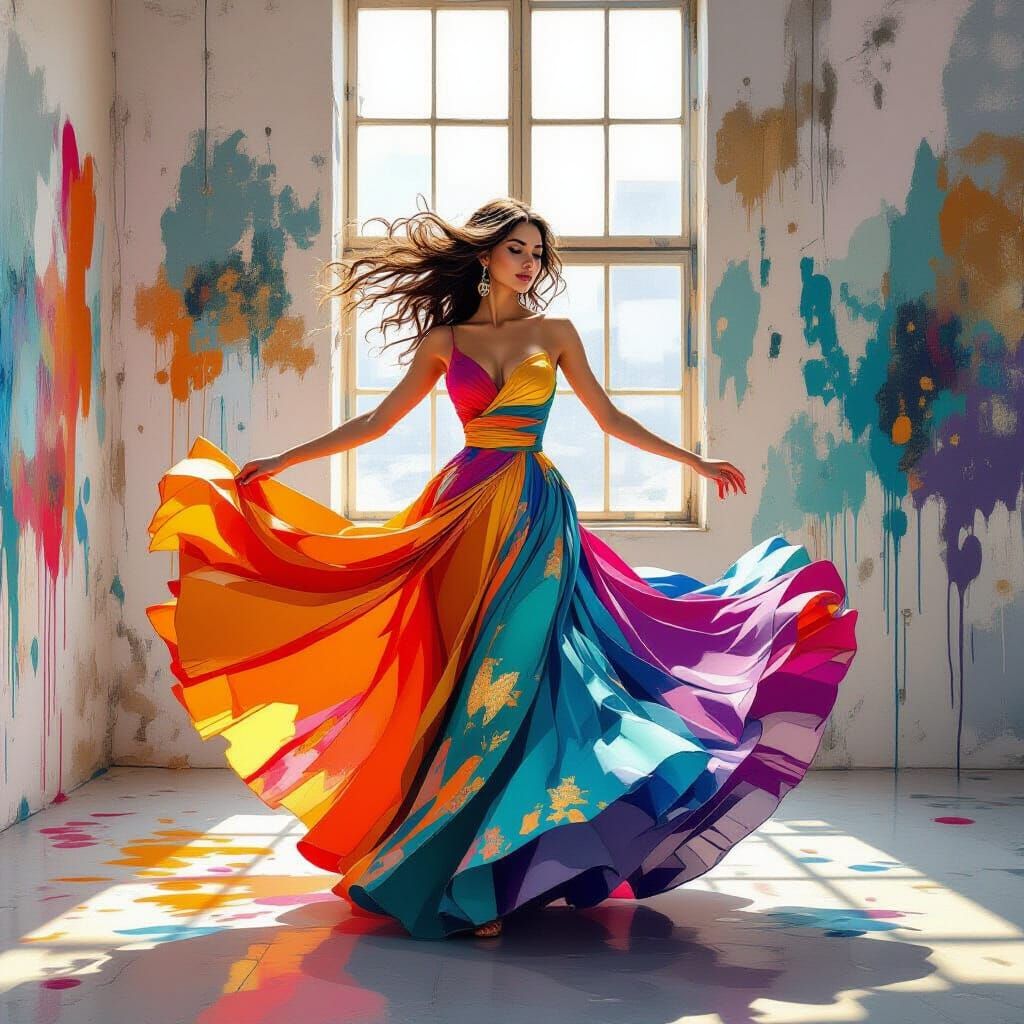 Woman Dancing in Paint Dress, Hyperrealistic Digital Art