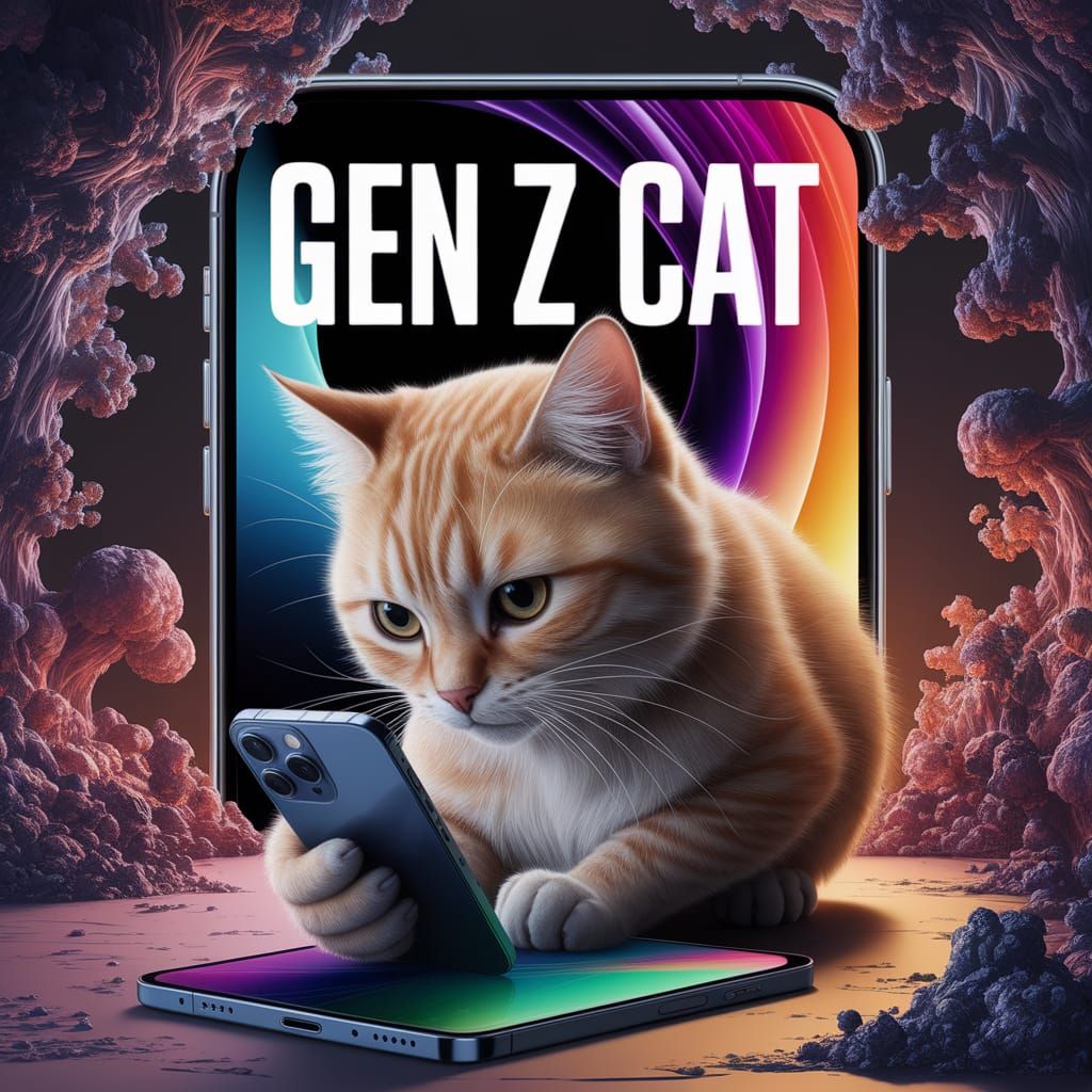 Gen Z Cat Playing on Smartphone in Fantasy World