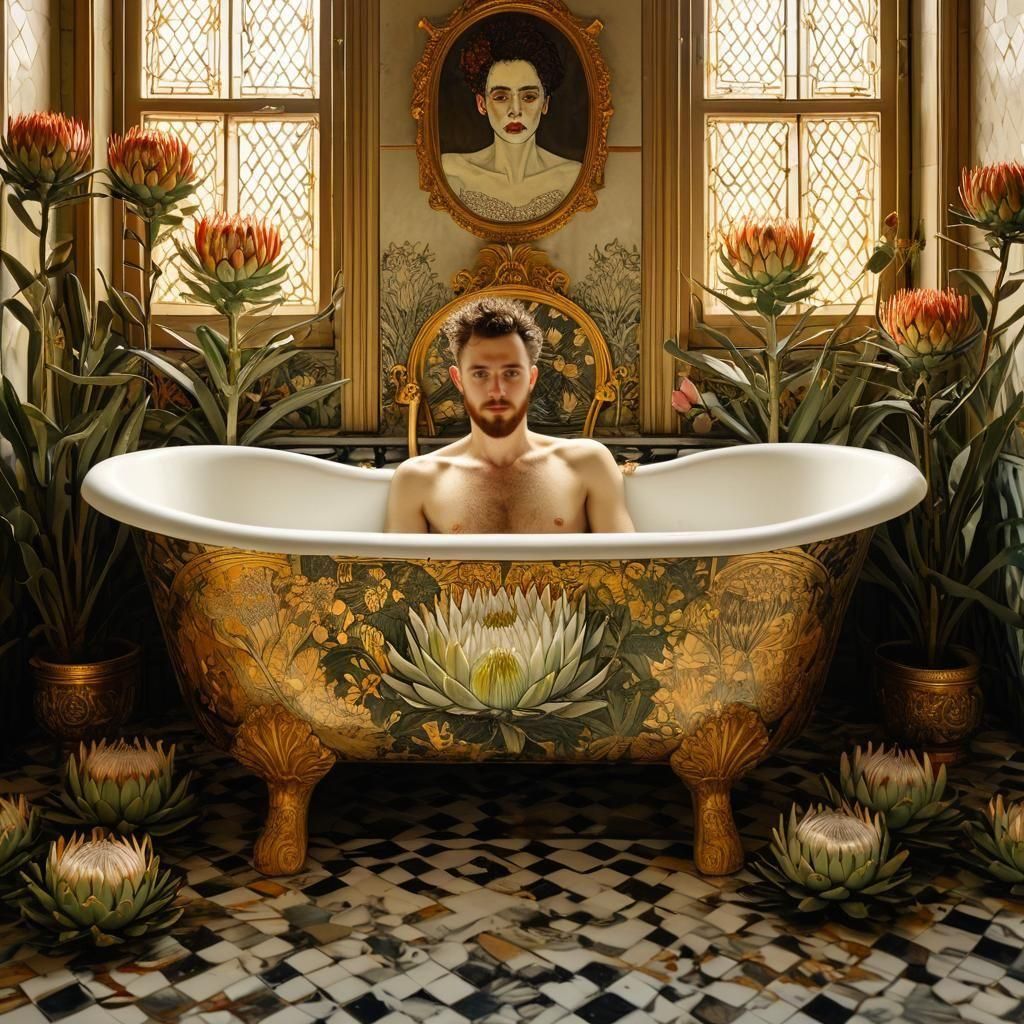 Victorian Bath in Protea Field, Klimt and Schiele Style