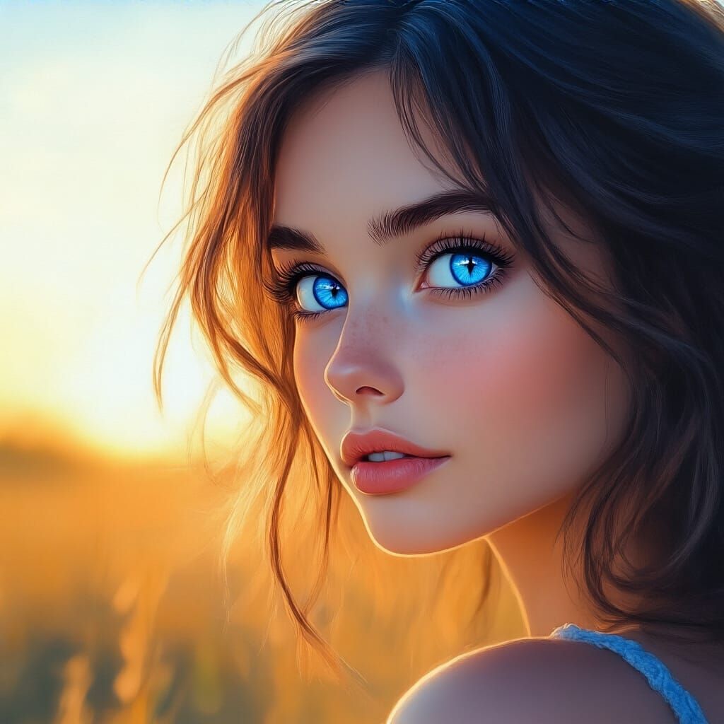 Realistic Woman with Cat Eyes and Watercolor Sunset