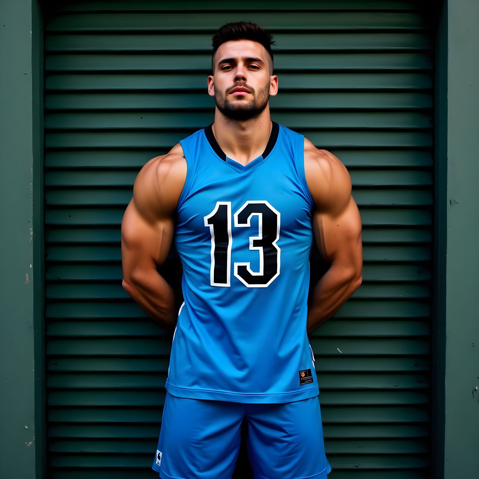 Muscular Man in Blue Jersey with Number 13