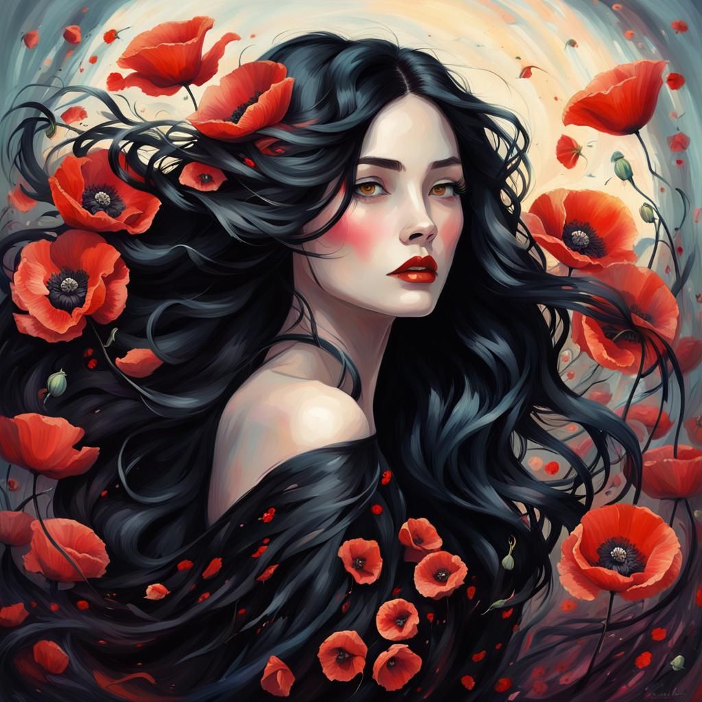 Dreamlike Woman with Poppies in Hair, Digital Art