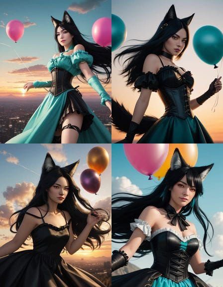 Fox-Eared Woman Leaping for Balloons in City Park