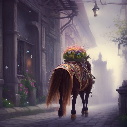 Decorated Horse Pulls Carriage in Medieval City