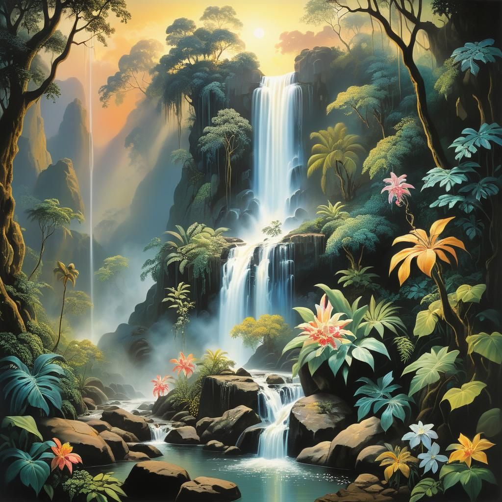 Tropical Waterfall Sunset: Surreal Oil Painting