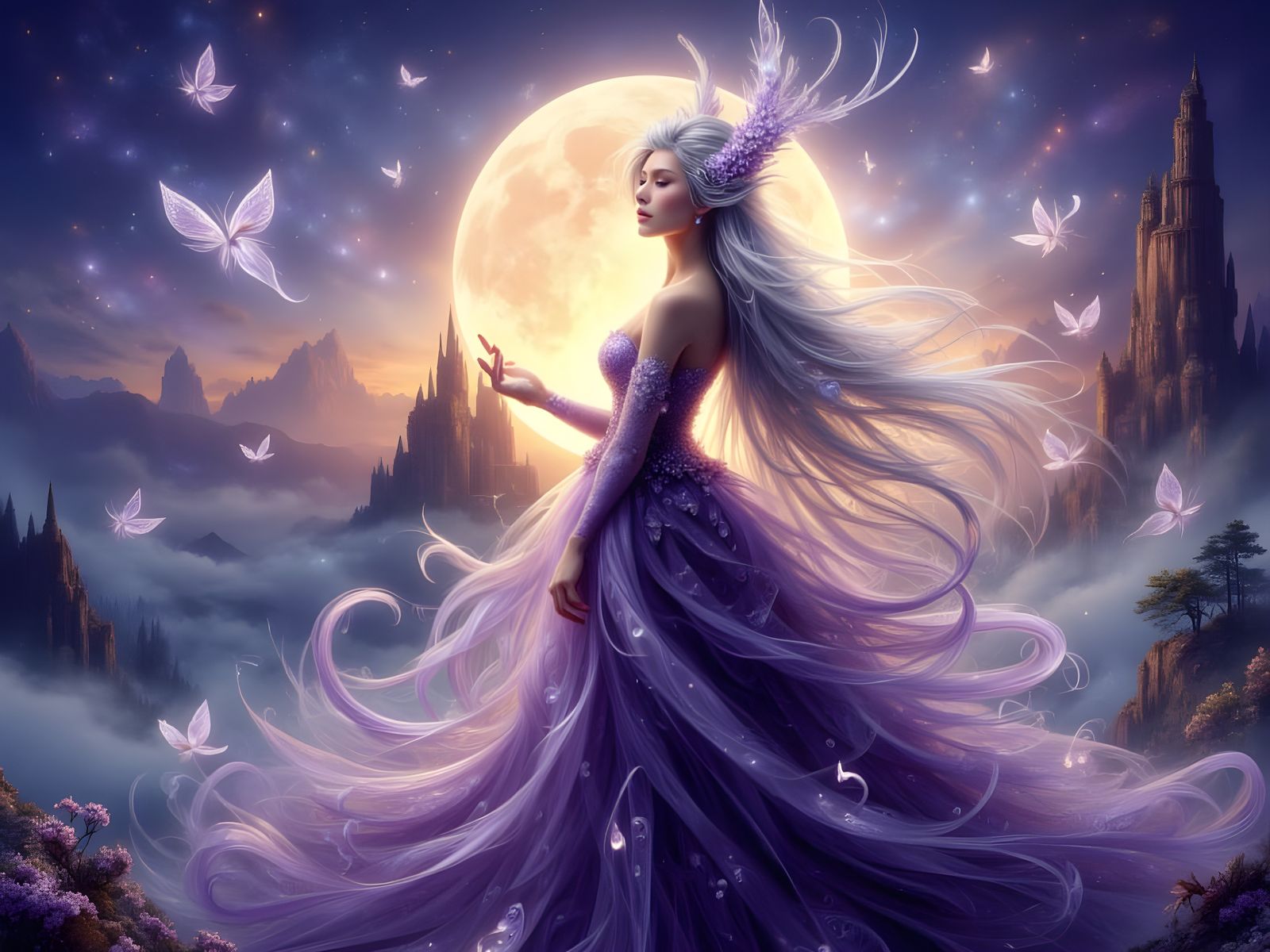 Norse Goddess Portrait with Moonlit Castle