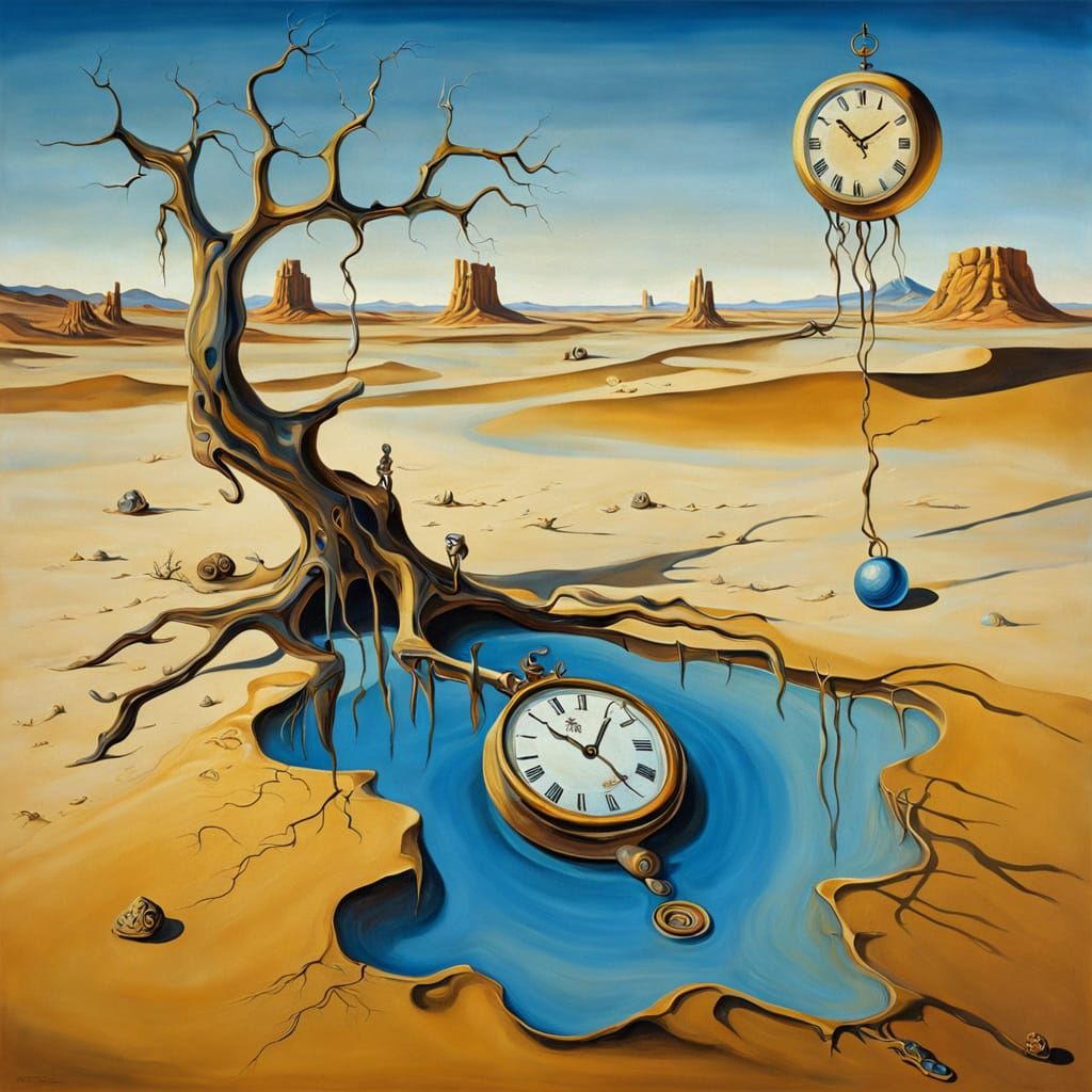 Surreal Desert Dreamscape with Melting Clock and Twisted Fig...