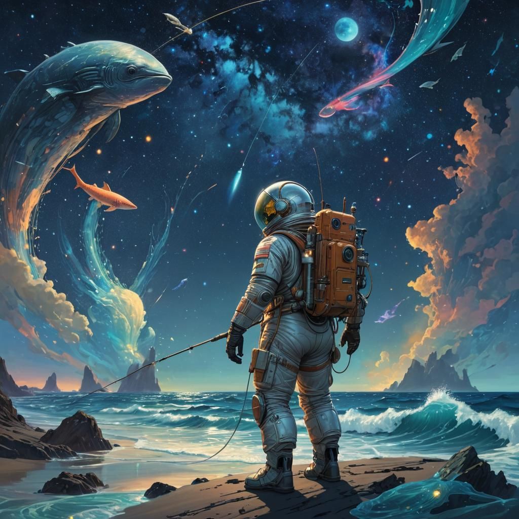 Astronaut Fishing on Moon Beach in Space