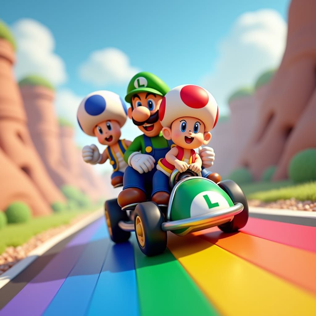Mario and Friends on Rainbow Road: 3D Art