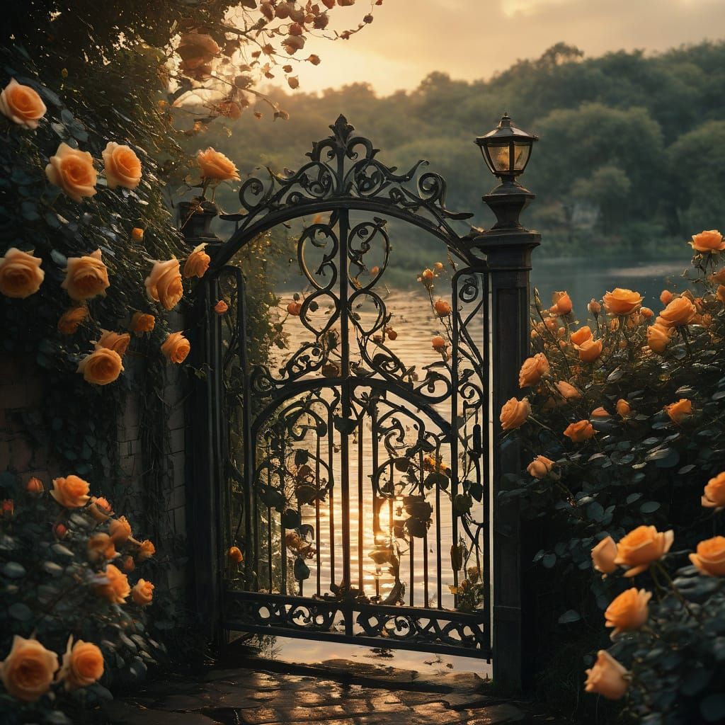 Golden Roses Ascend to Serene Lake Oasis at Sunset