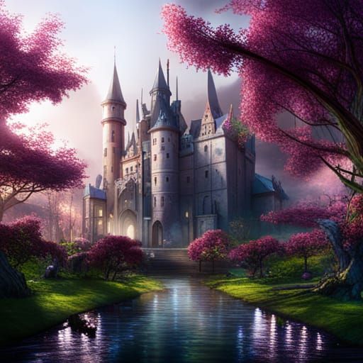 Castle Orphanage with Cherry Trees, Fantasy Concept Art