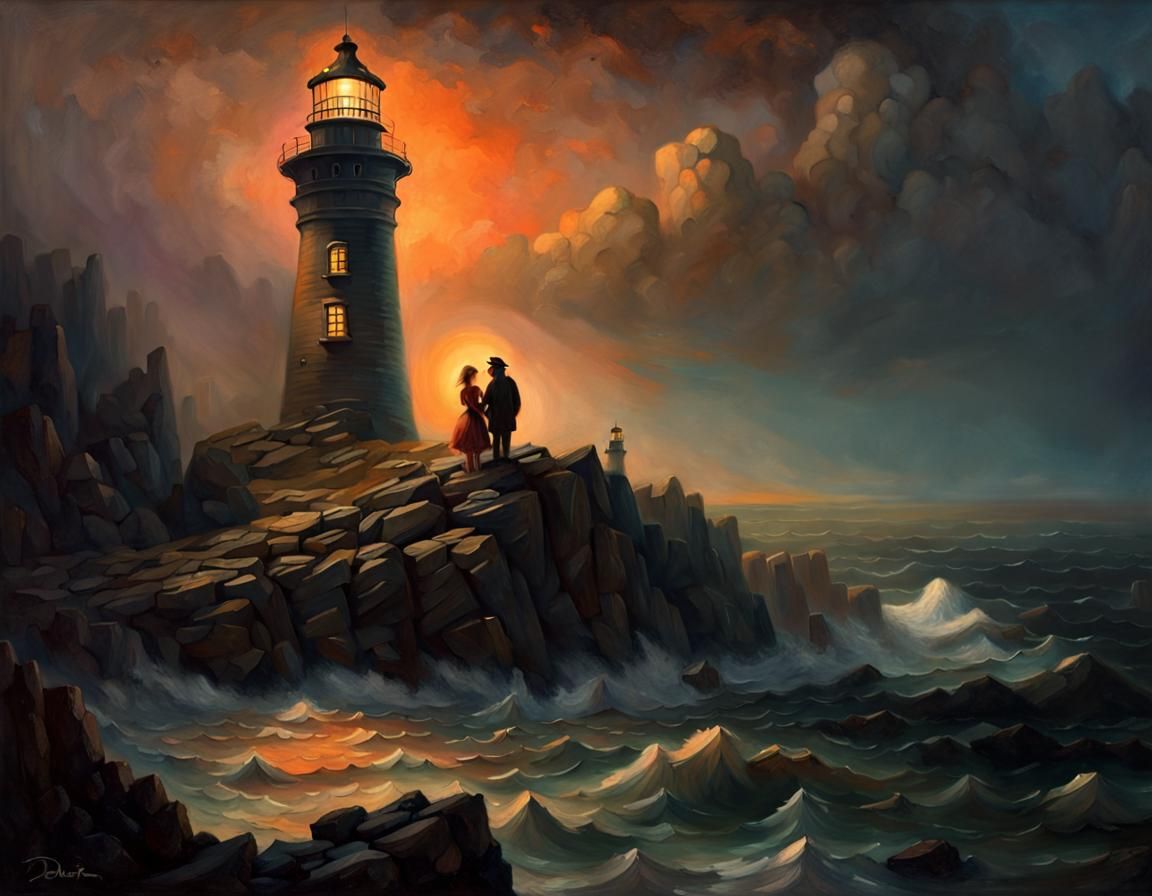 Fairy and Lighthouse Keeper at Sunset: Oil Painting