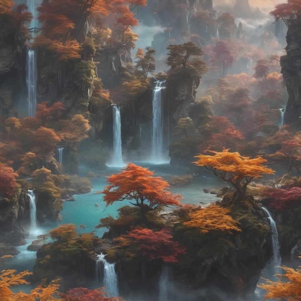 Surreal Fantasy Realm with Glowing Forests and Floating Isla...