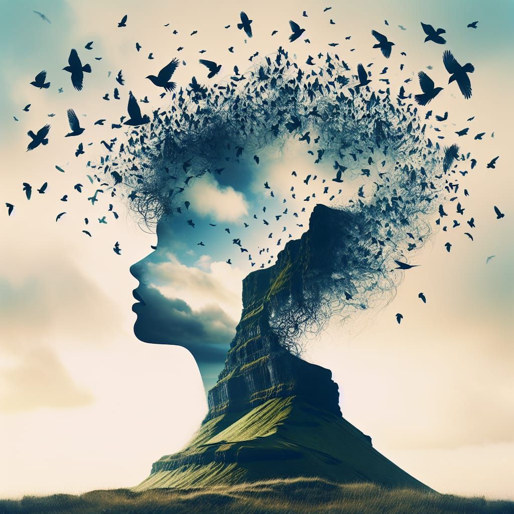 Ethereal Cliffside Woman with Birds: Digital Art