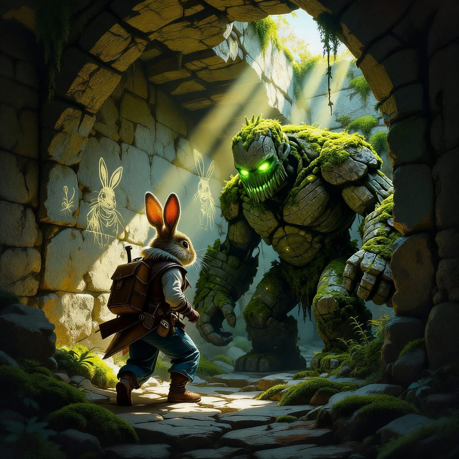 Rabbit Adventurer Meets Mossy Stone Golem