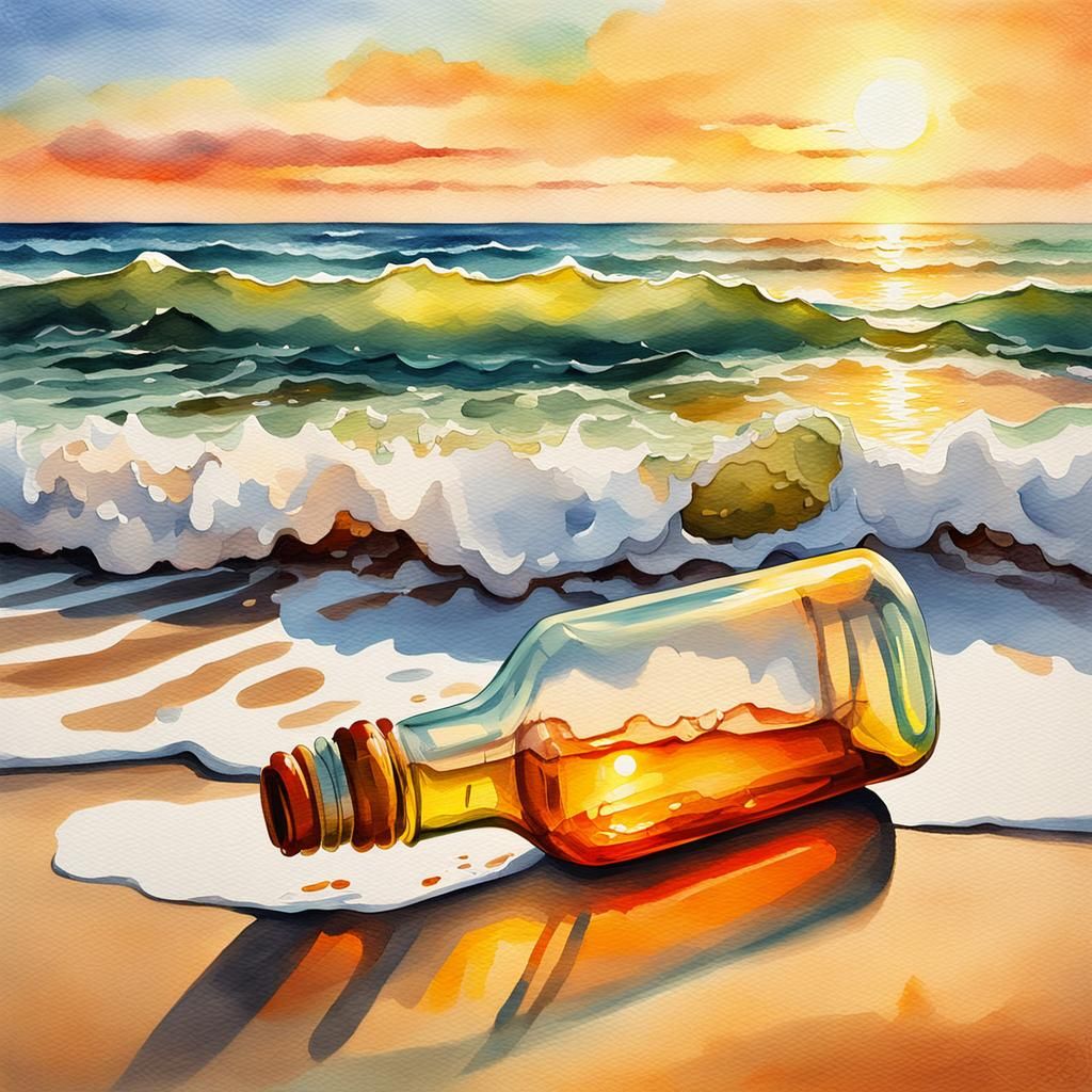 Letter in a Bottle: Watercolor Beach Scene