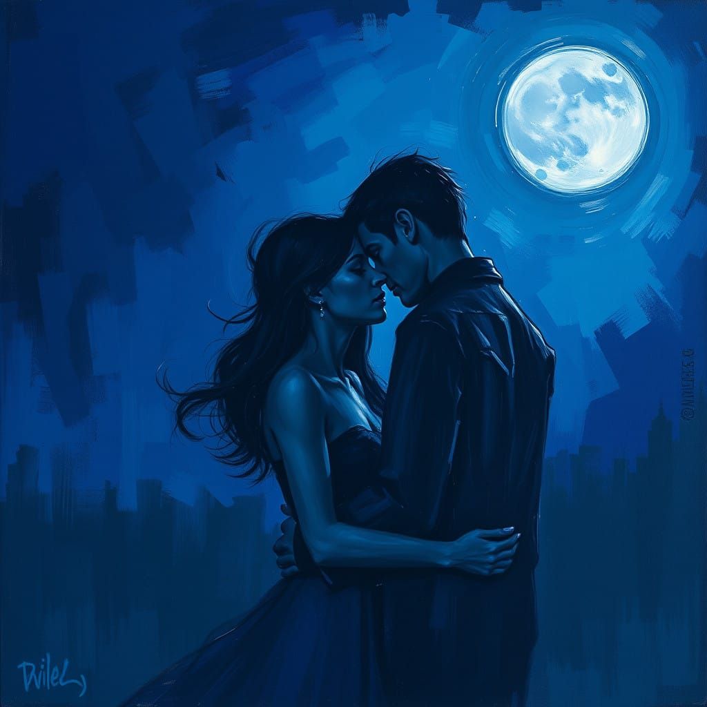 Romantic Moonlit Embrace: Abstract Expressionist Painting