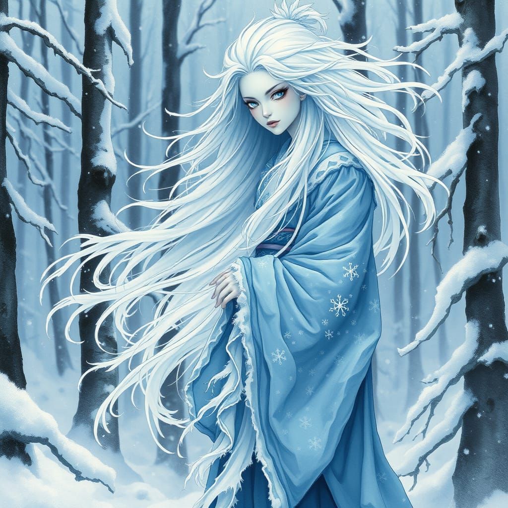 Yuki-Onna in Frozen Forest, Japanese Art Style