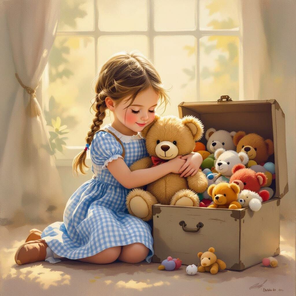 Girl Hugs Teddy Bear Amidst Stuffed Animals