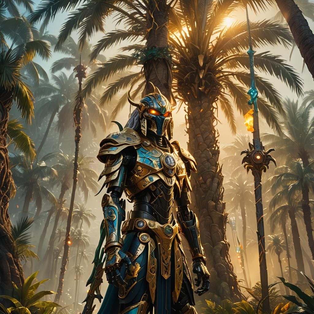 Omnipotent Wizard Beneath Ancient Palm Trees: Digital Art