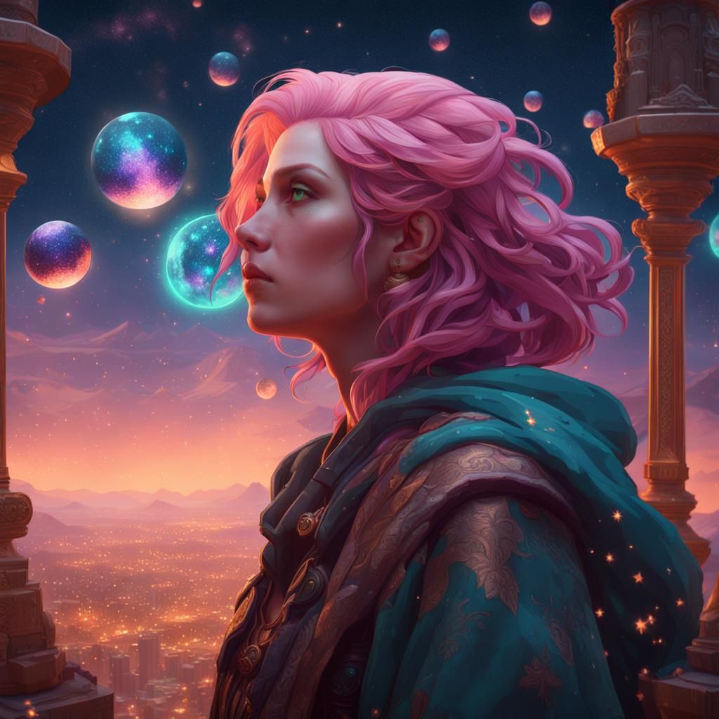 Pink-Haired Woman Watching Stars: Art Nouveau Style