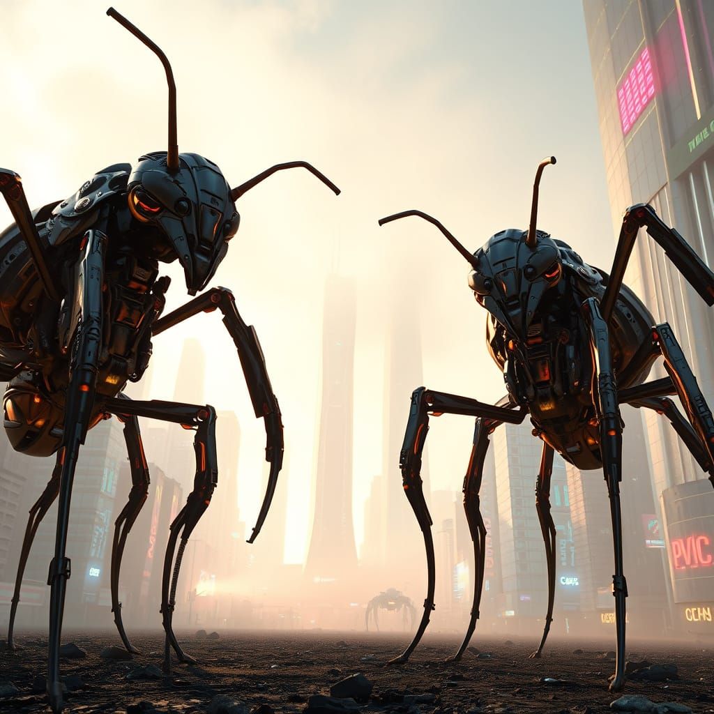 Cybernetic Ants Tower Over a Futuristic Metropolis