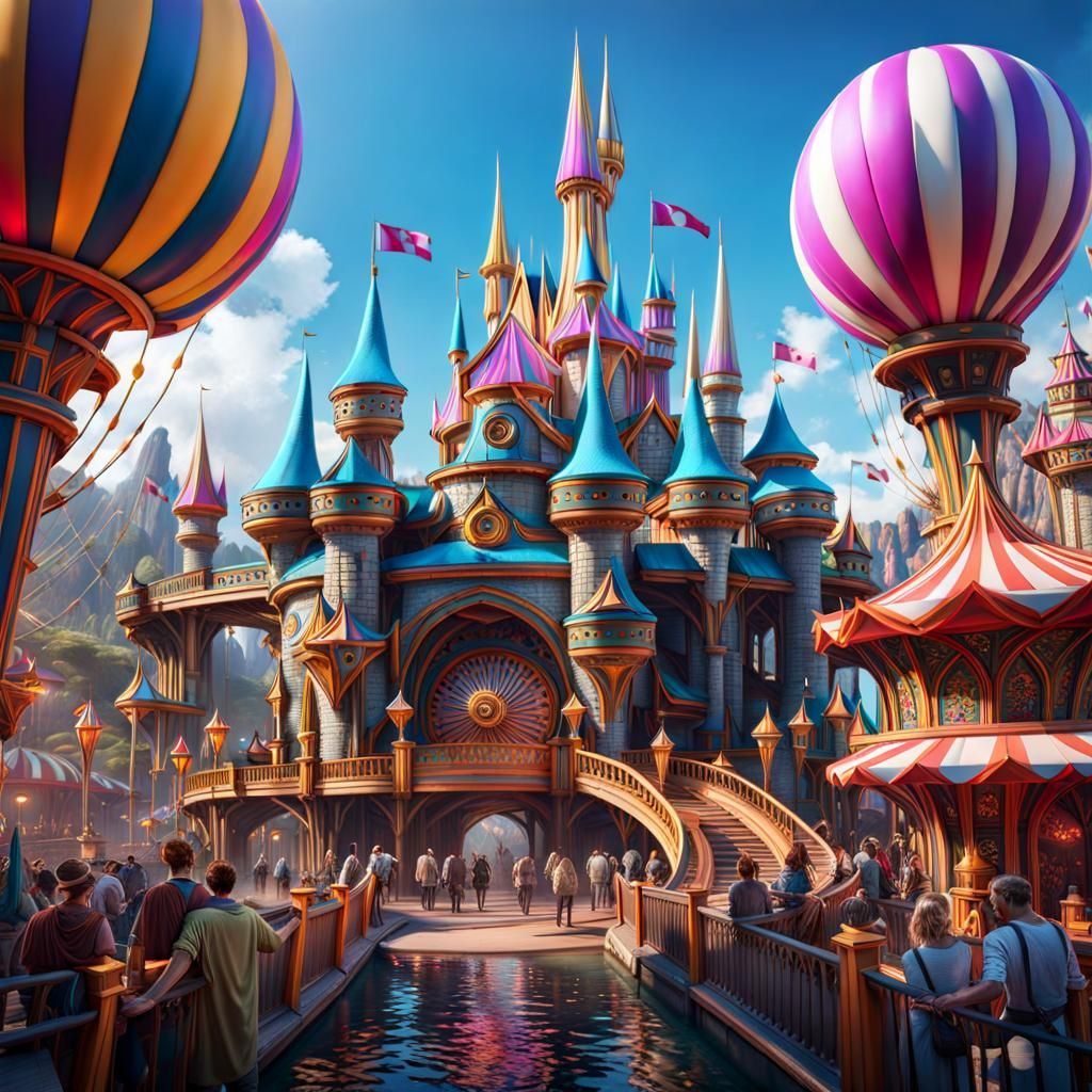 Fantastical Theme Park with Neon Colors in Matte Painting