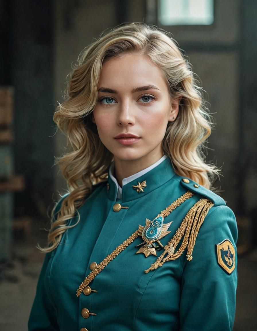 Blonde Military Woman Portrait in Surrealist Style