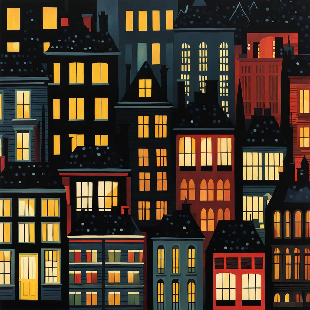 Night City in Naive Folk Art Style