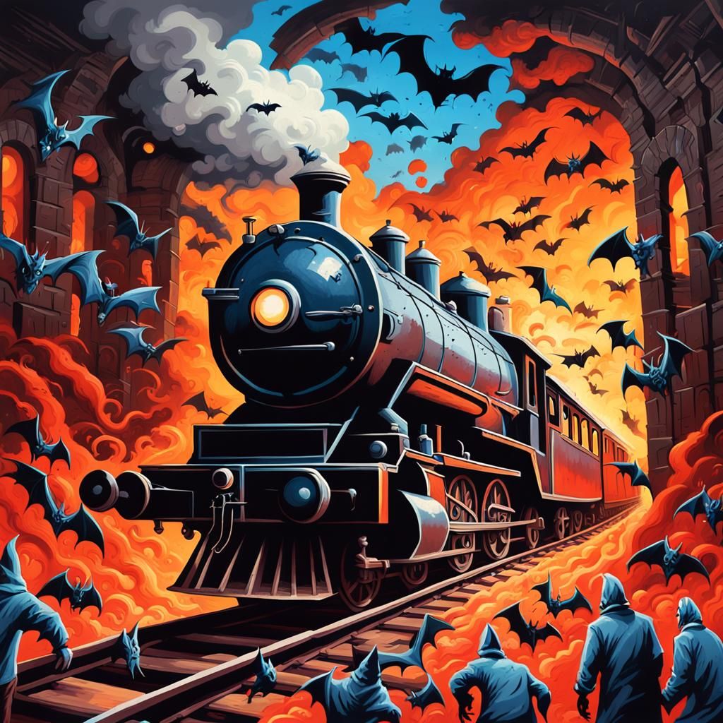 Steam Train Journey Through Hell in Graffiti Art Style