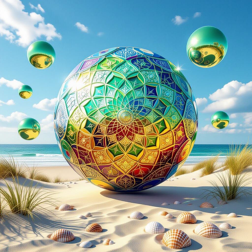 Sphere with Intricate Mandala Over Seaside Dune