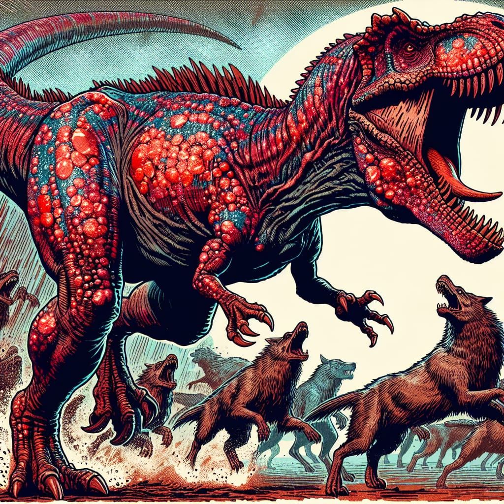 Red Opal T-Rex Battles Werewolves, Vintage Comic Style