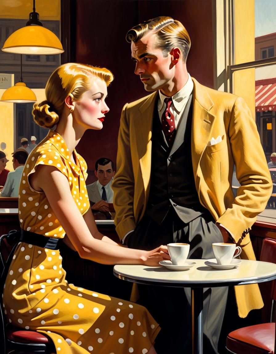 Elegant Café Scene in Classic Film Noir Style