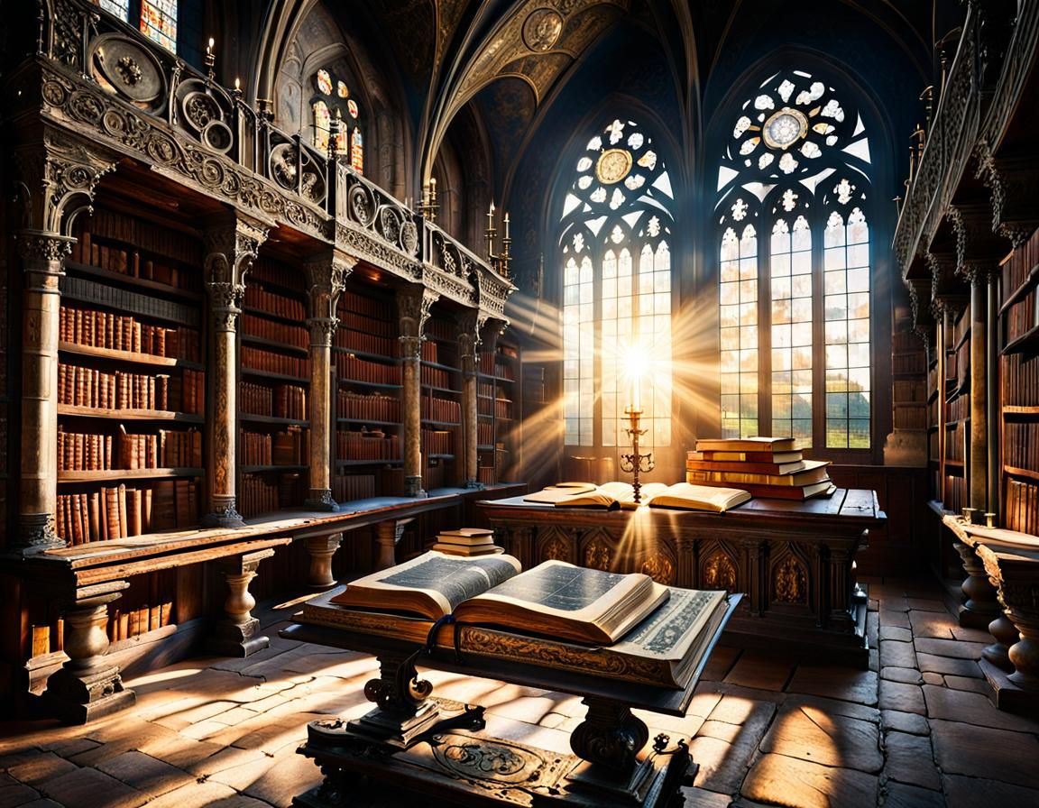 Ornate Medieval Monastery Library with Ancient Book