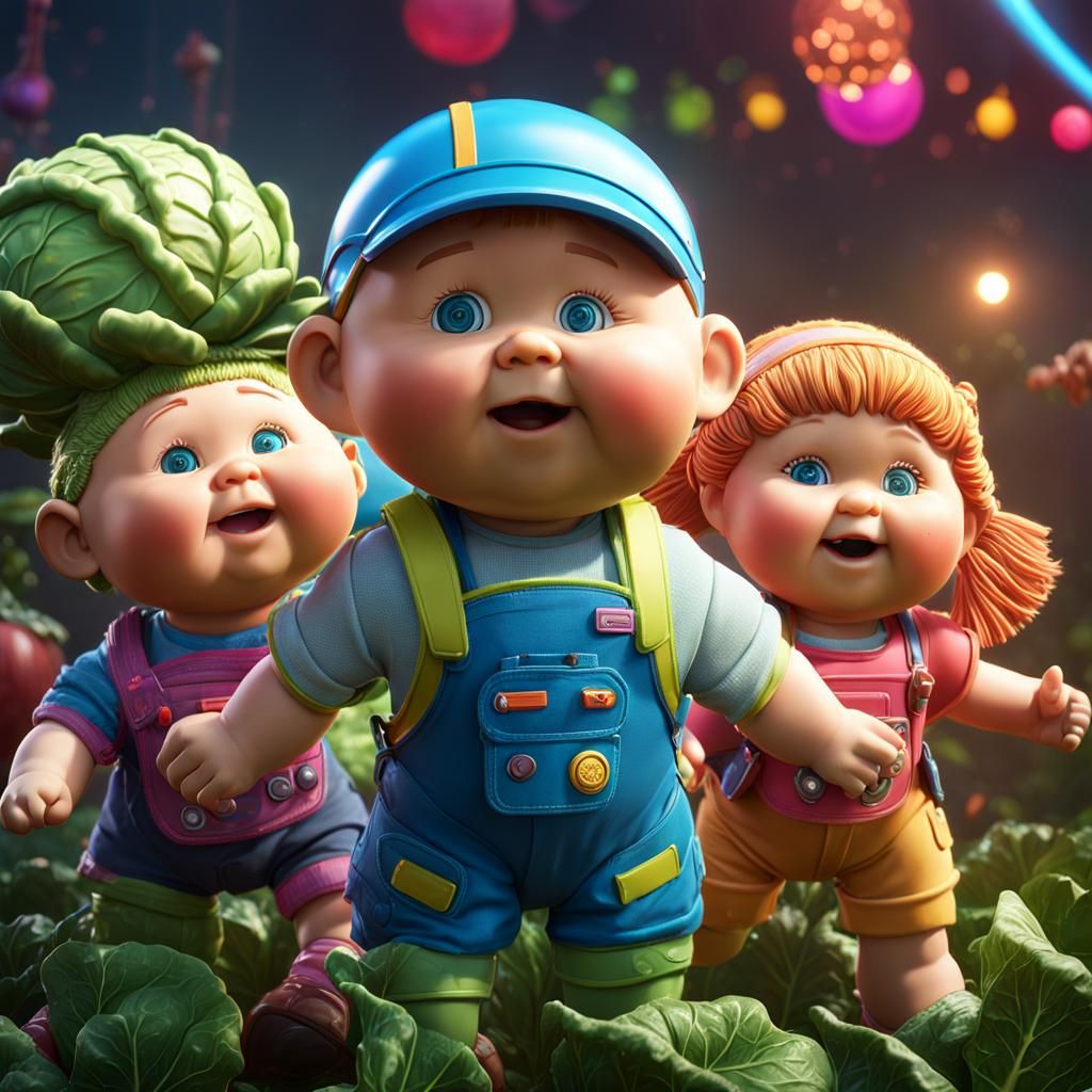 Cabbage Patch Kids unite Hyperrealistic, splash art, concept art, mid shot, intricately detailed, color depth, dramatic,...
