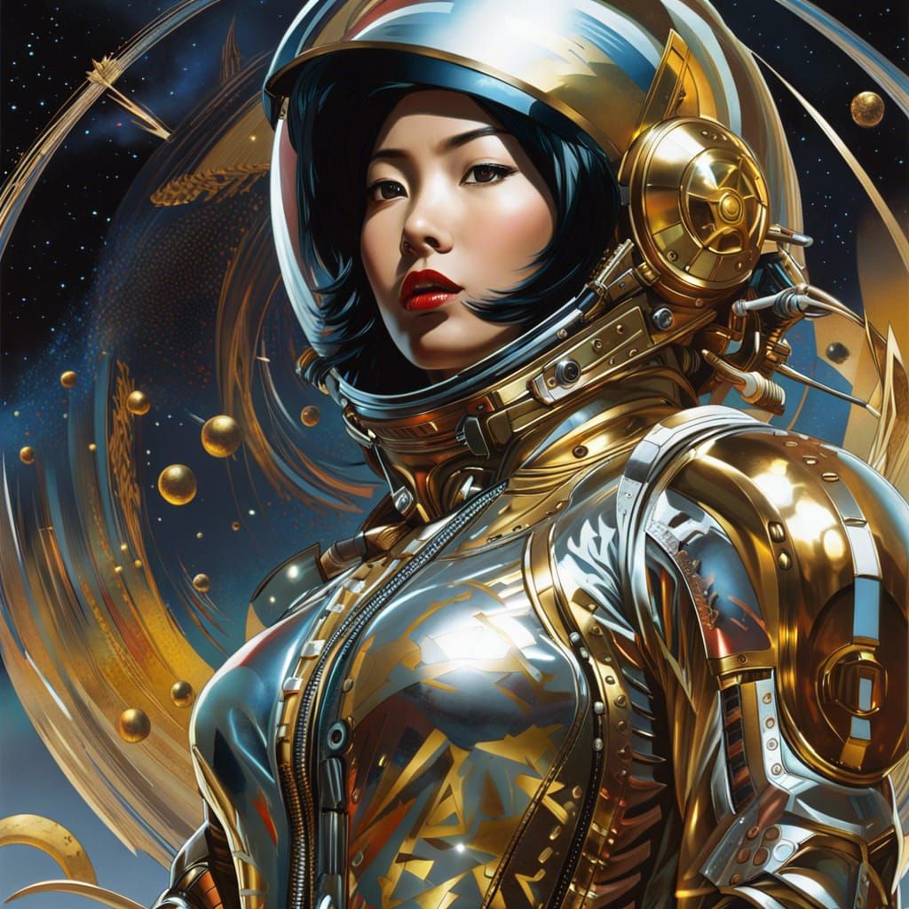 Futuristic Asian Space Woman Superhero in Liquid Metal Suit
