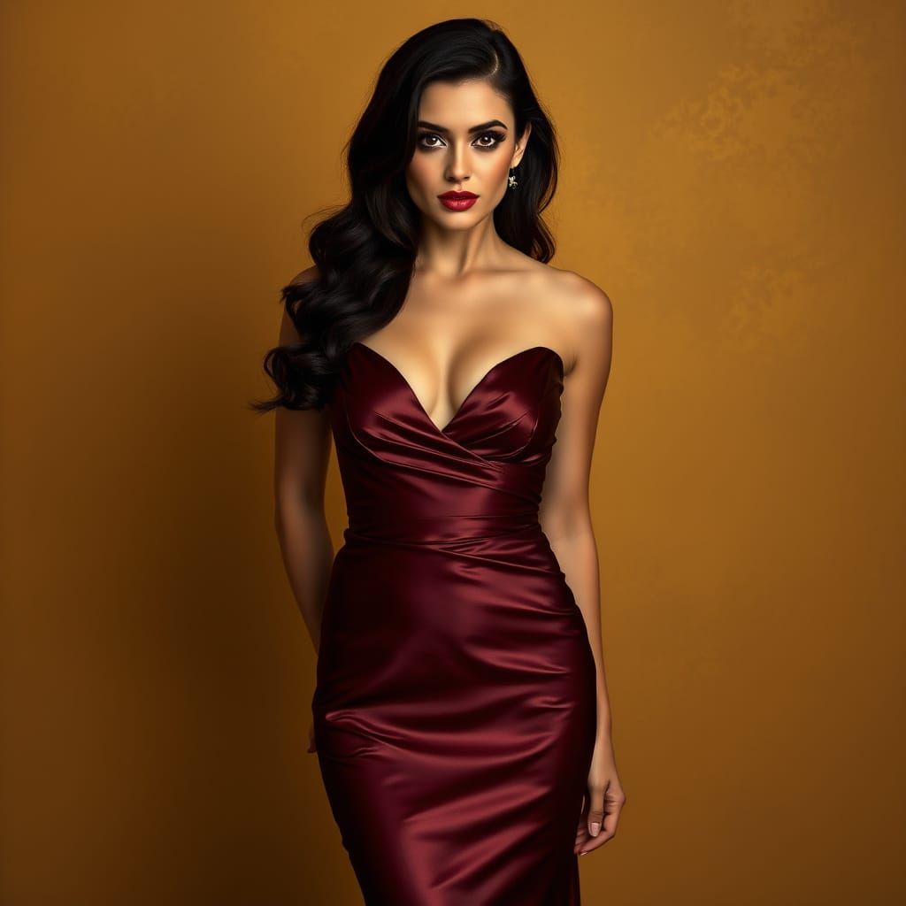 Elegant Argentinian Woman in Satin Gown with Dramatic Décoll...