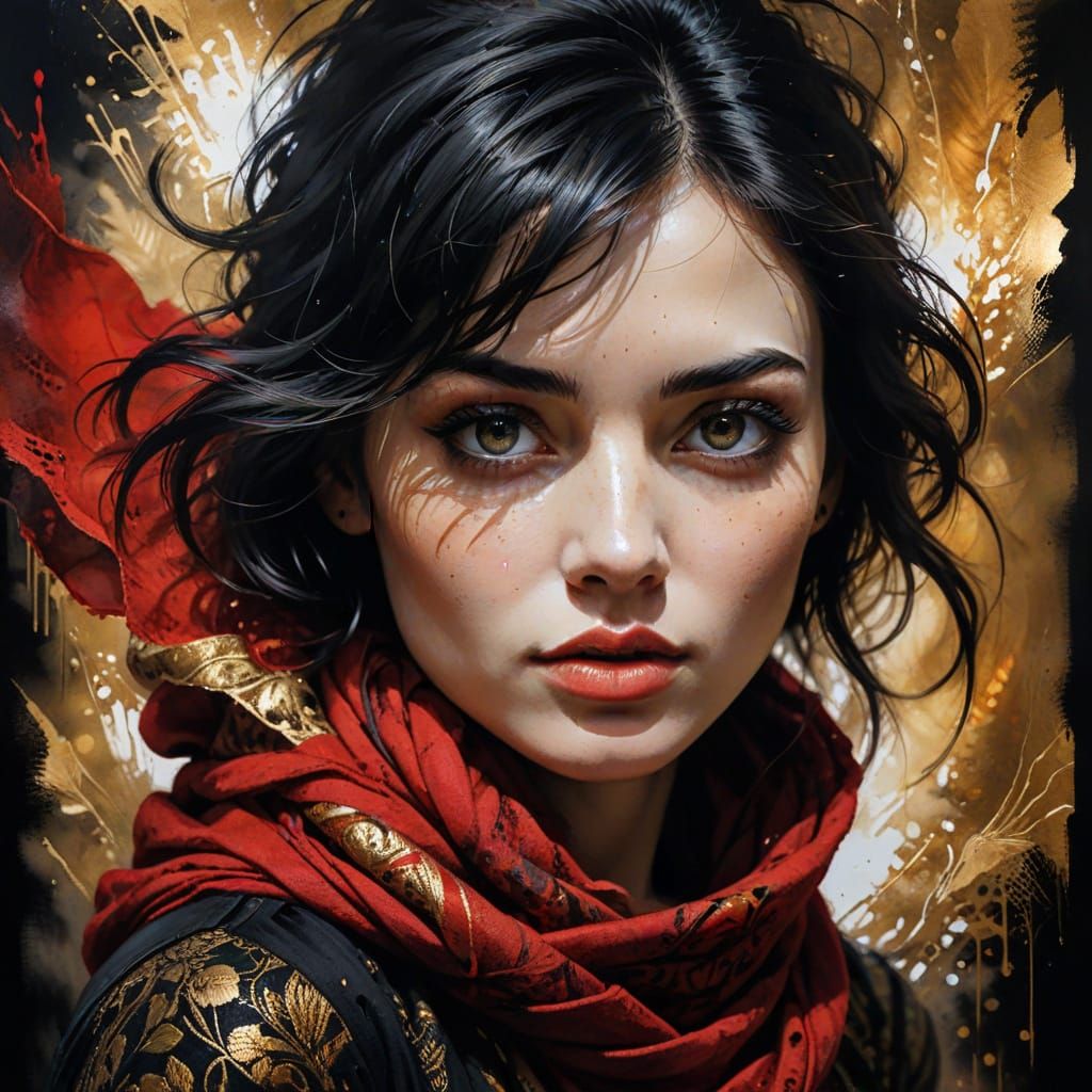 Woman with Red Scarf in Dramatic Chiaroscuro